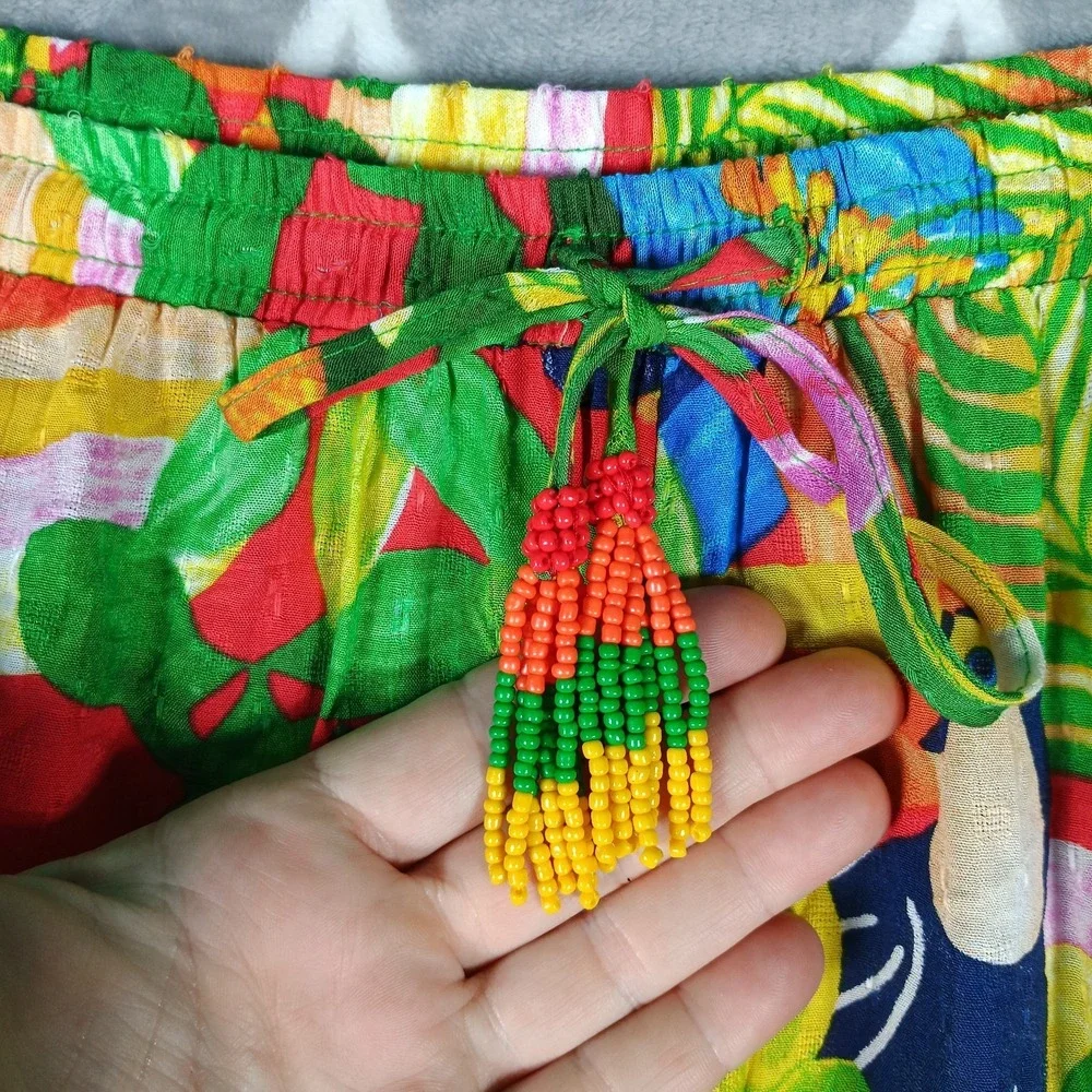 Panama Jack Wide Leg Pants Size XL Tropical Bird Print Resort Drawstring Flowy - Picture 4 of 8